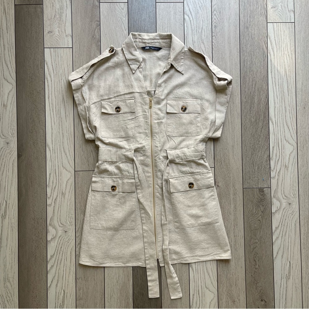 Zara linen Tan shortsleeve cargo dress